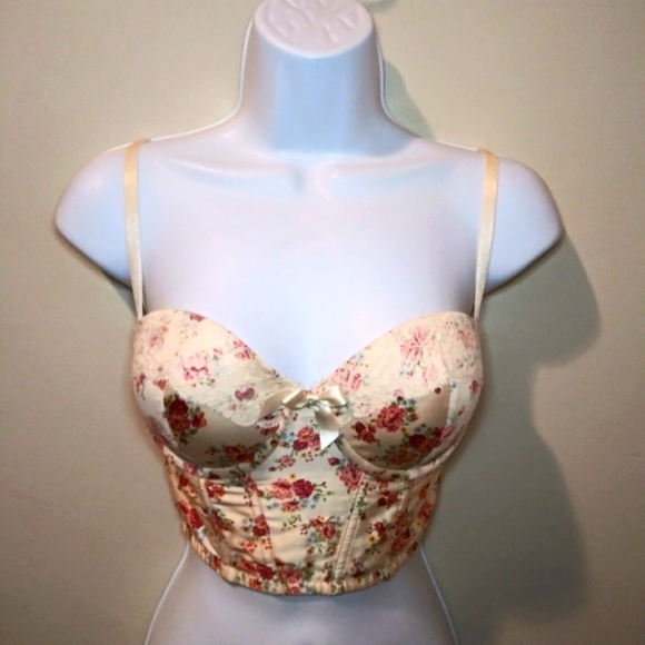 Guess Tops - Guess Lace Trimmed Cream & Mauve Multi Rose Print Cottagecore Style Corset Top